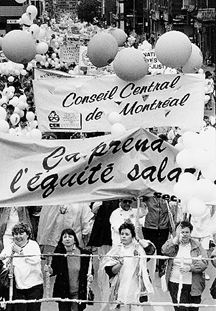 27 mai 1989: Des milliers de militantes de la CSN participent  Montral  une premire manifestation pour l'quit salariale
